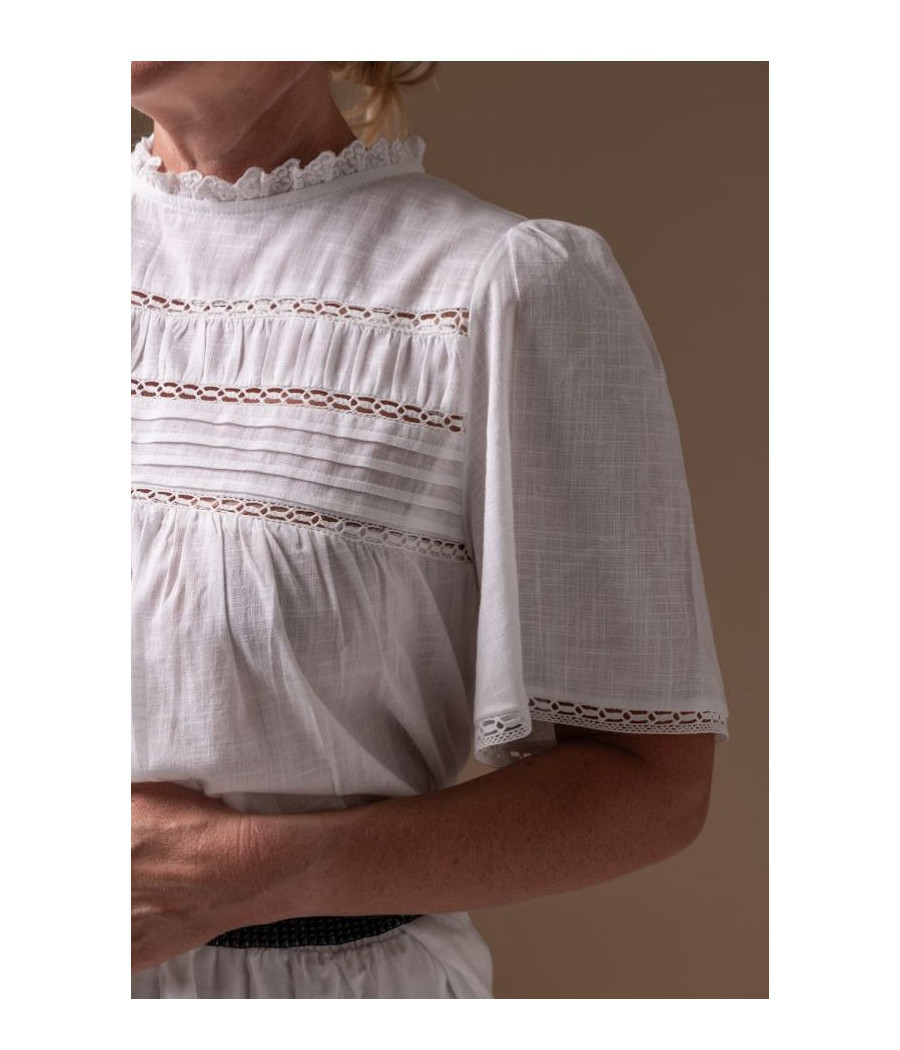 White Cotton Top with Lace Panels & Intricate Detailing | AS'FALL