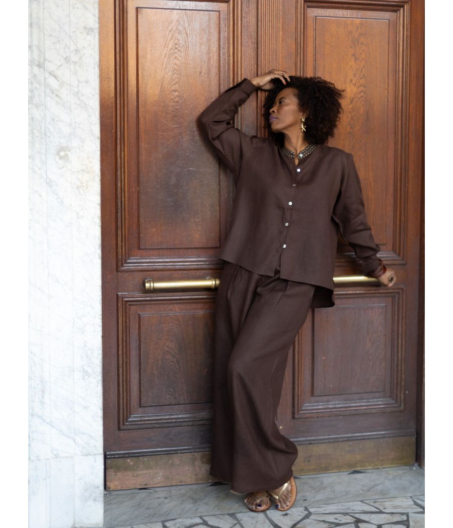 Chocolate Linen Top with antique beading | AS'FALL