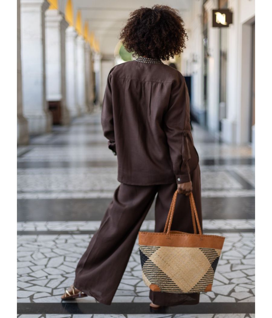 Chocolate Linen Top with antique beading | AS'FALL
