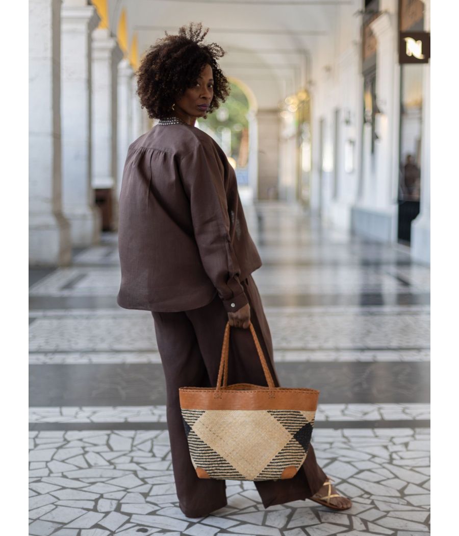Chocolate Linen Top with antique beading | AS'FALL