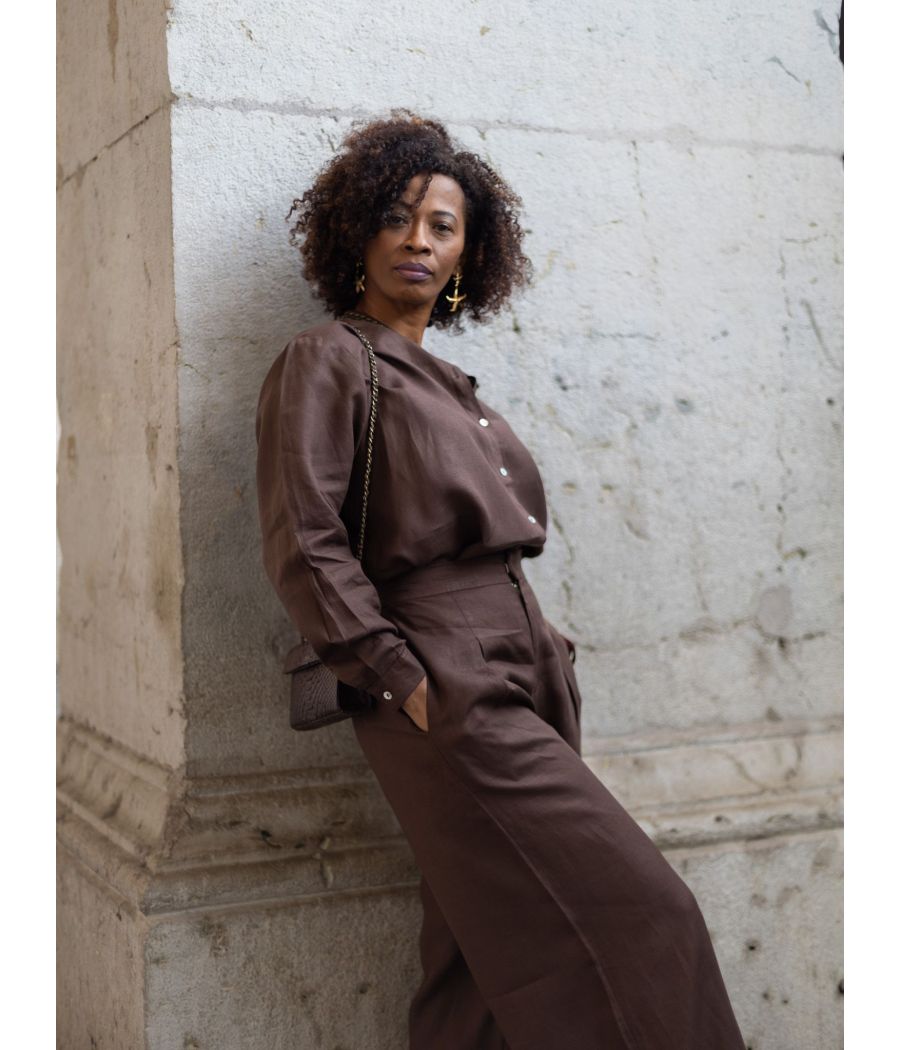 Chocolate Linen Top with antique beading | AS'FALL