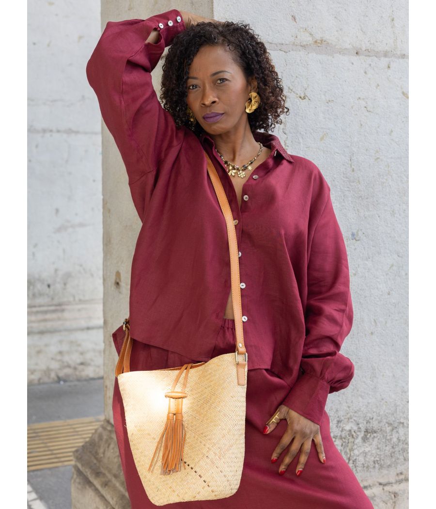 Chocolate Linen Top with antique beading | AS'FALL