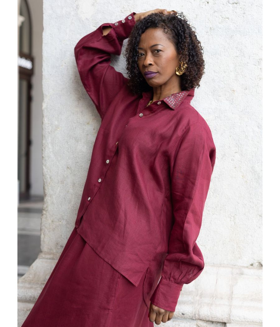 Chocolate Linen Top with antique beading | AS'FALL