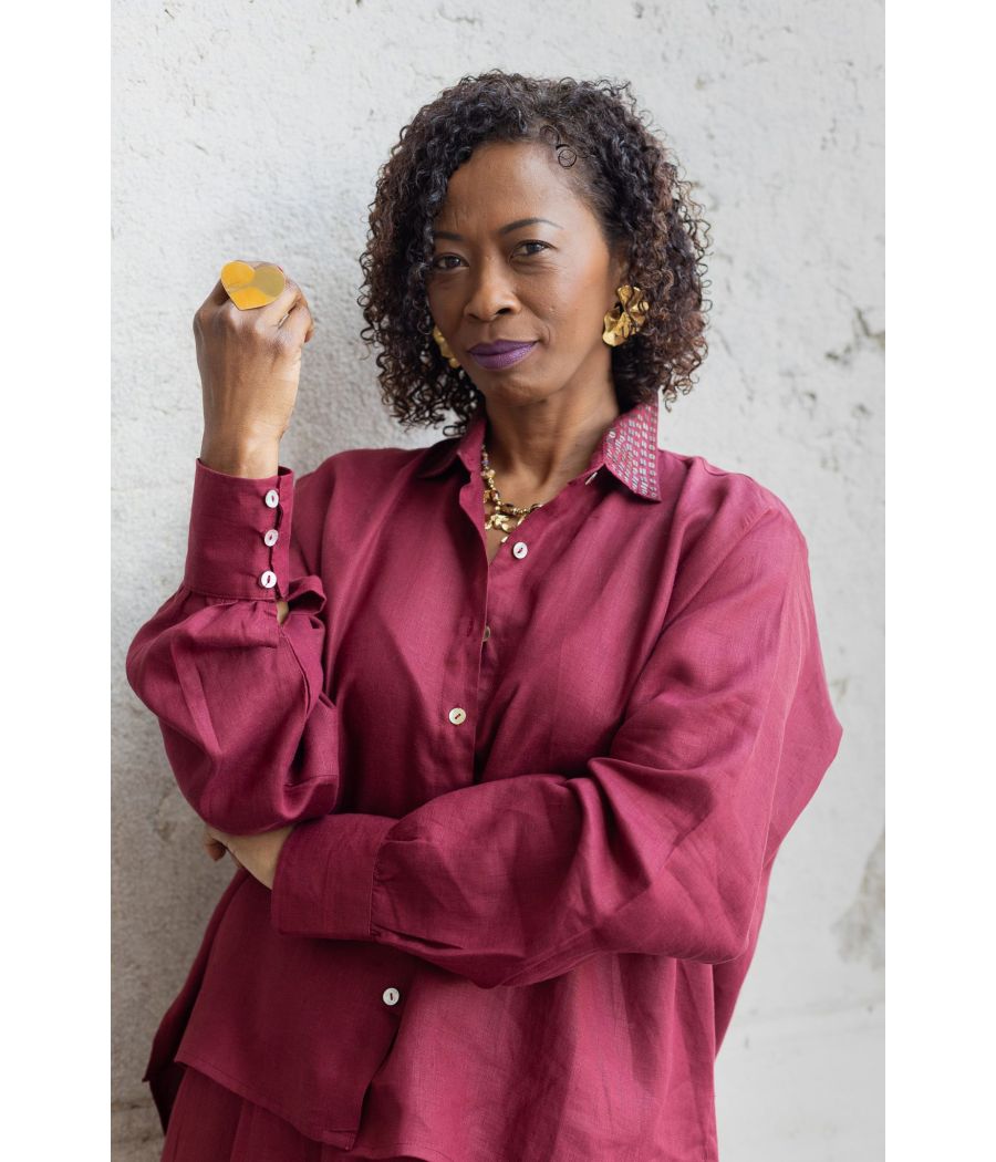 Chocolate Linen Top with antique beading | AS'FALL