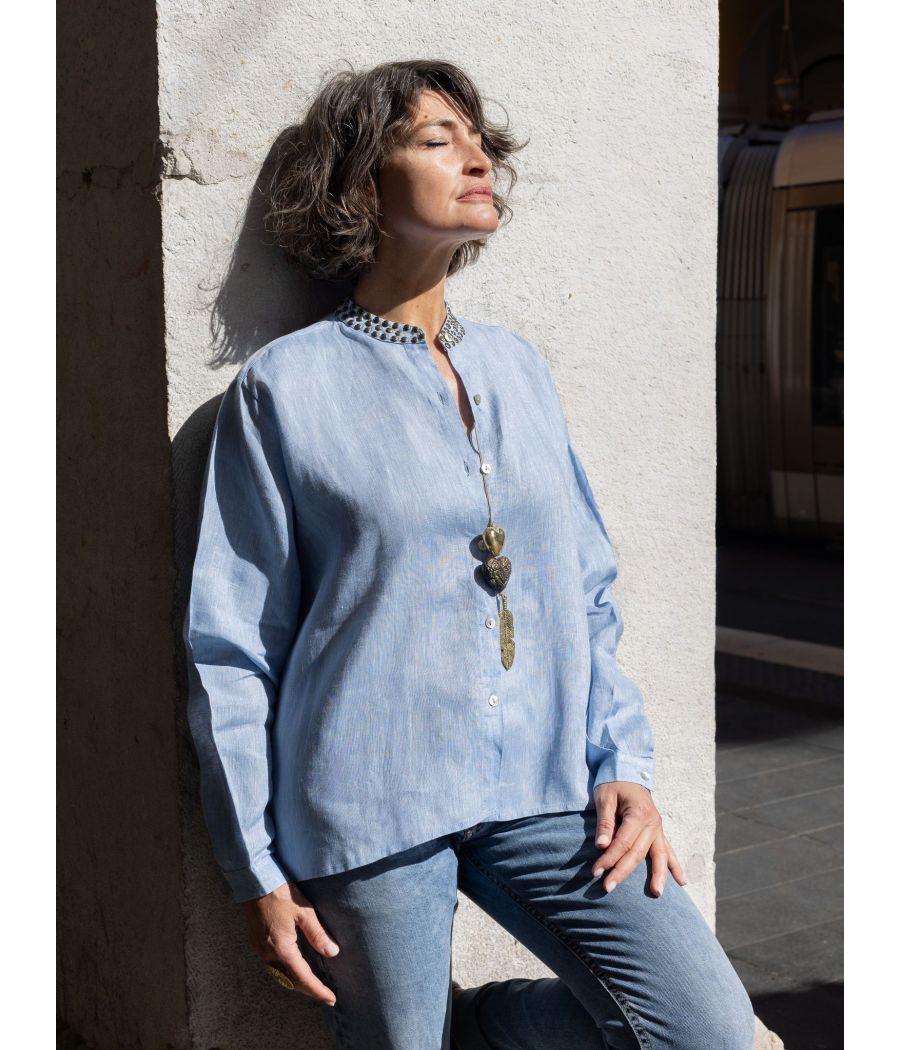 Light Blue Linen Shirt | Studded Collar Women’s Blouse
