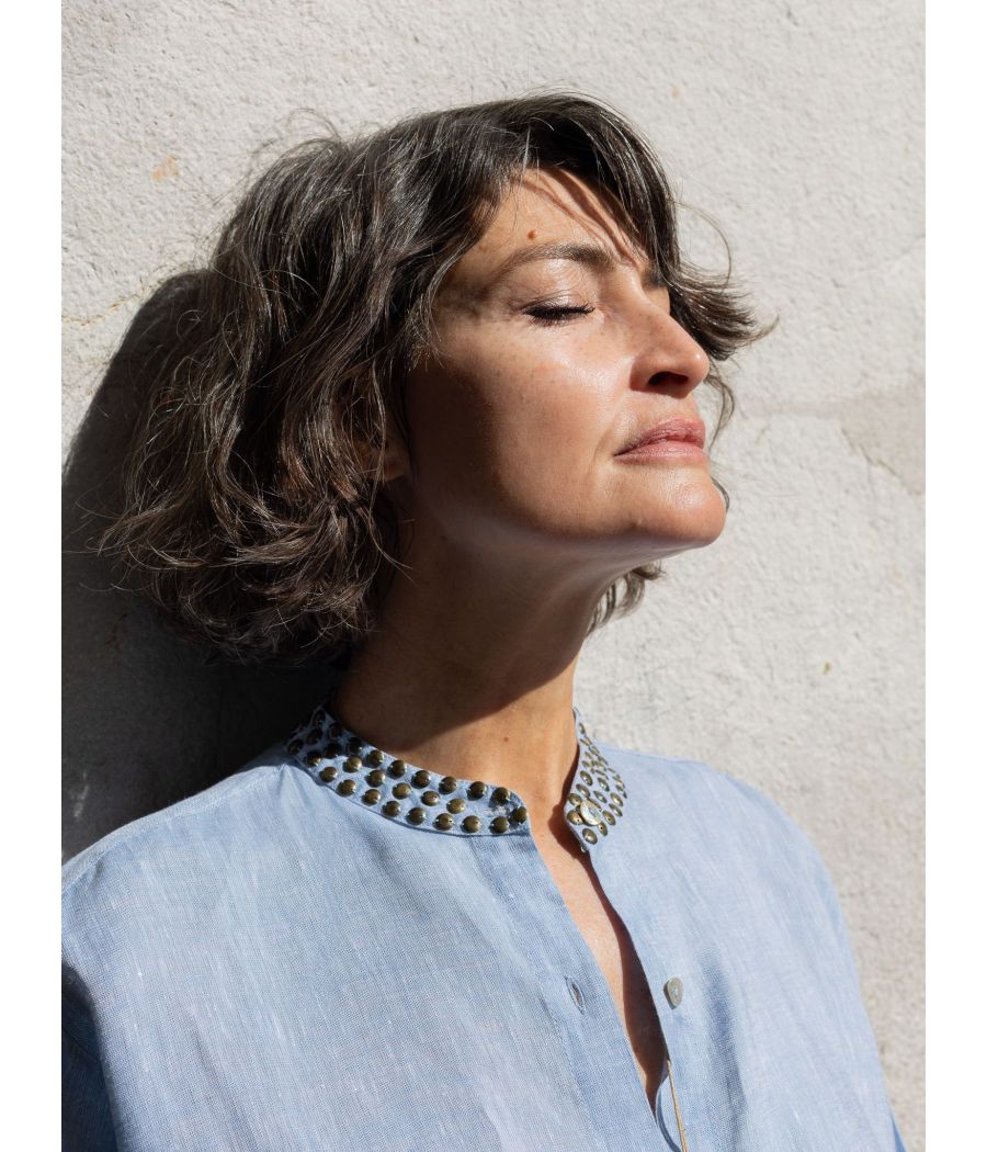 Light Blue Linen Shirt | Studded Collar Women’s Blouse