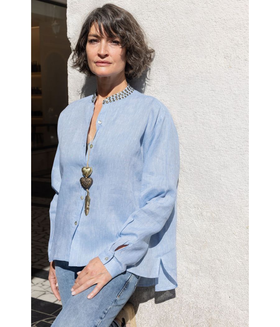 Light Blue Linen Shirt | Studded Collar Women’s Blouse