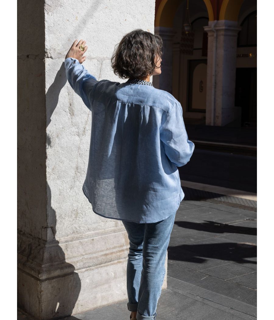 Light Blue Linen Shirt | Studded Collar Women’s Blouse