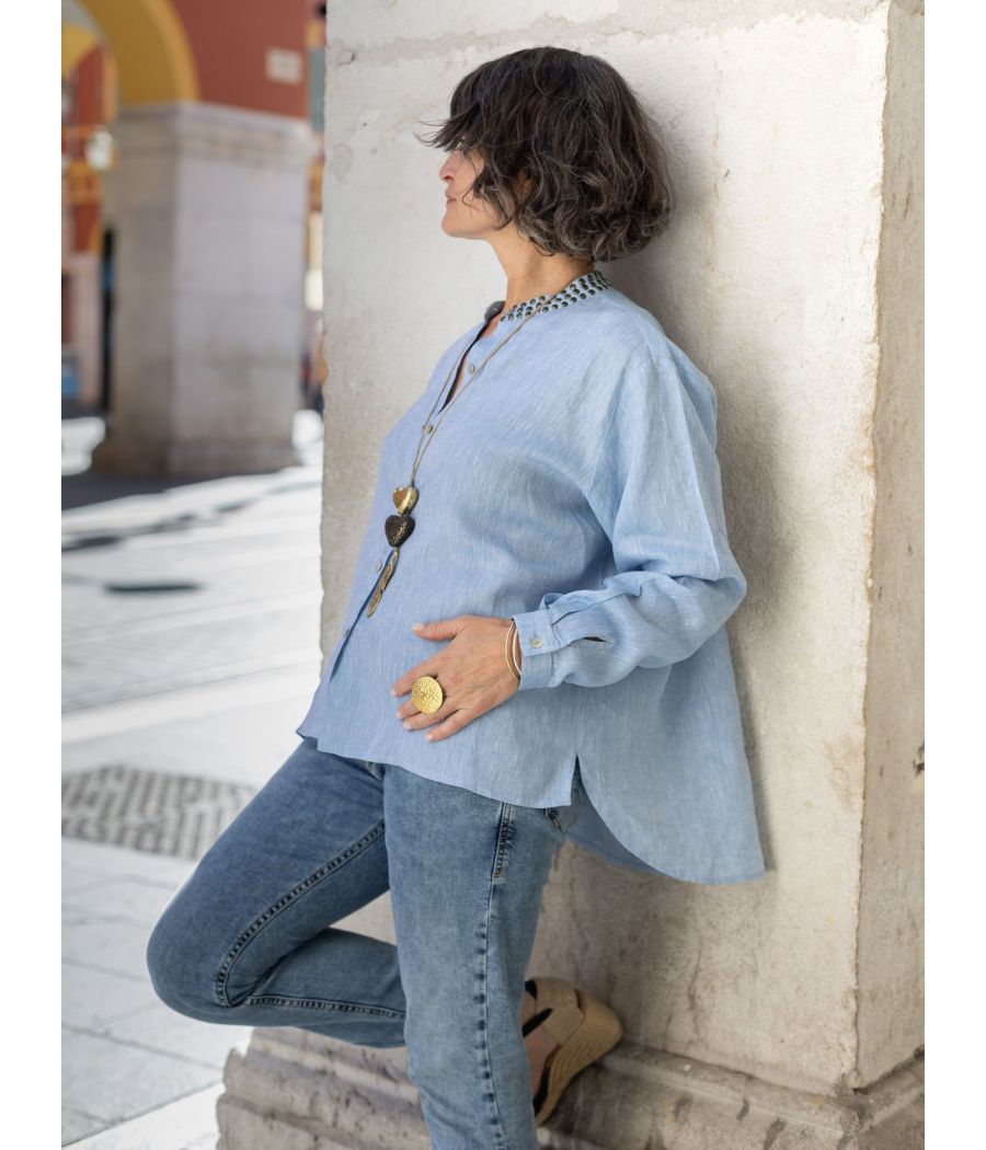 Light Blue Linen Shirt | Studded Collar Women’s Blouse