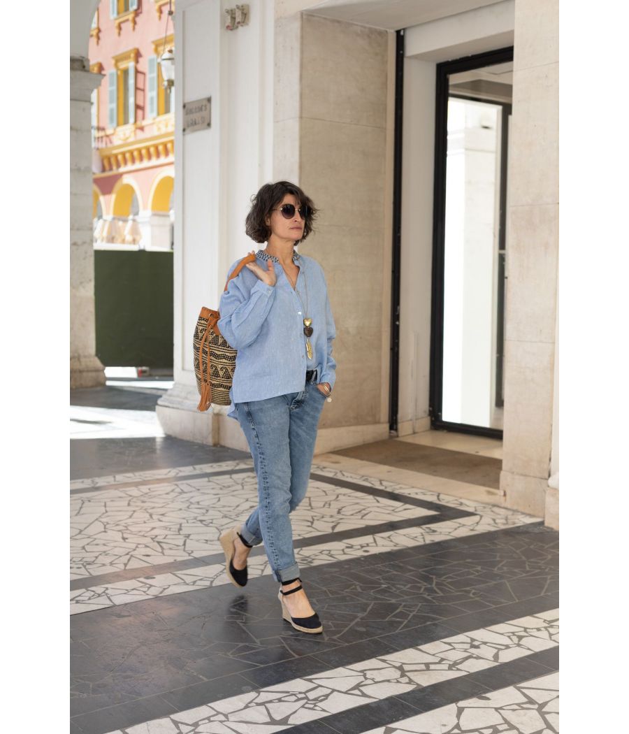 Light Blue Linen Shirt | Studded Collar Women’s Blouse