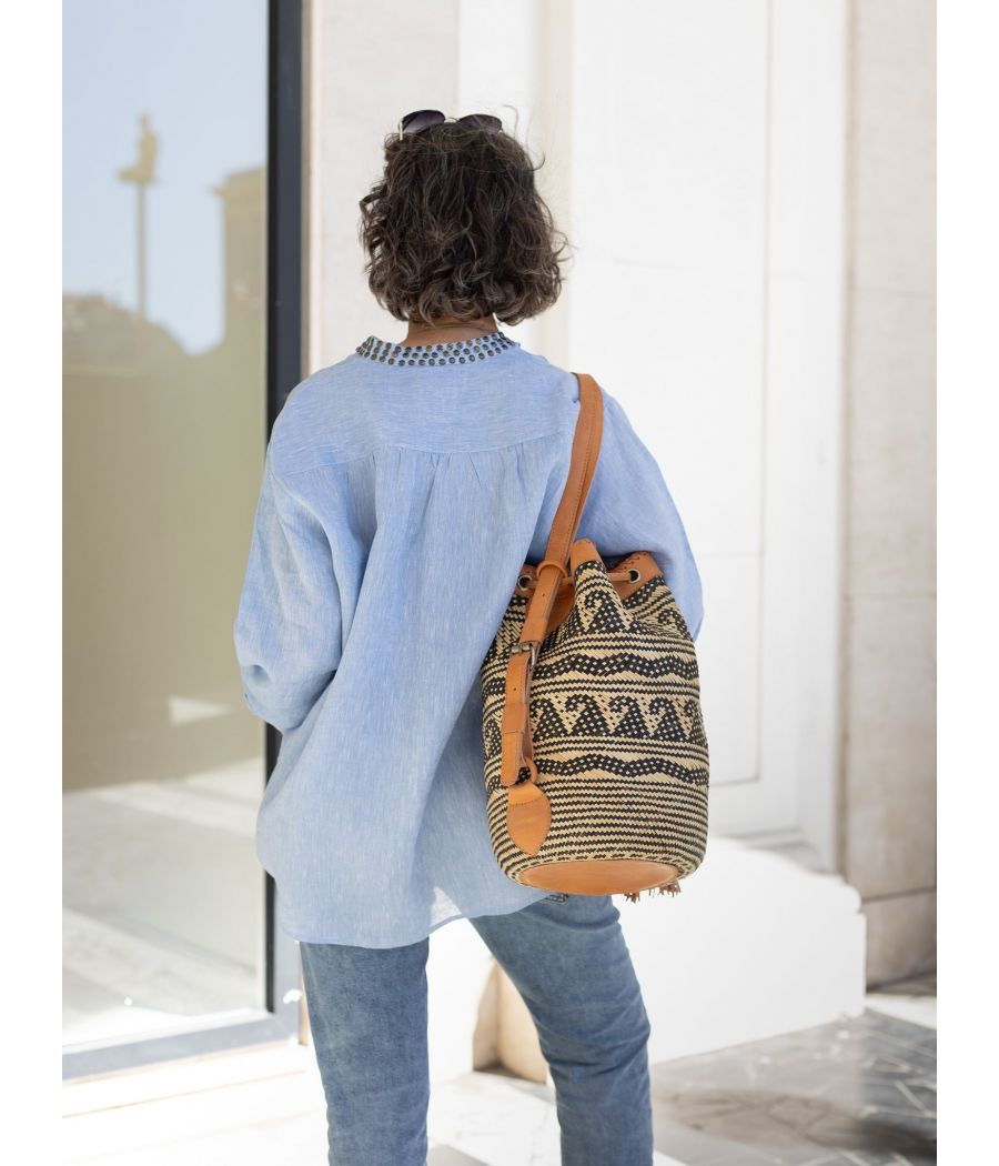 Light Blue Linen Shirt | Studded Collar Women’s Blouse