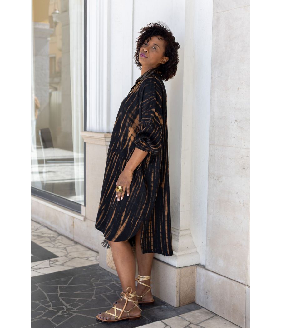 Black Tie-Dye Shirt Dress with Beaded Collar | Elegant Boho Chic Dress