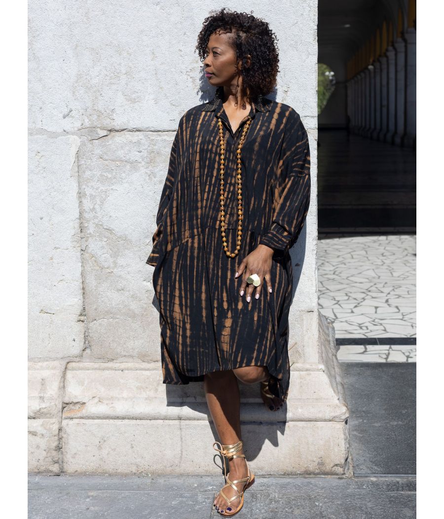 Black Tie-Dye Shirt Dress with Beaded Collar | Elegant Boho Chic Dress