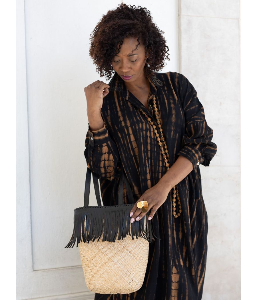 Black Tie-Dye Shirt Dress with Beaded Collar | Elegant Boho Chic Dress