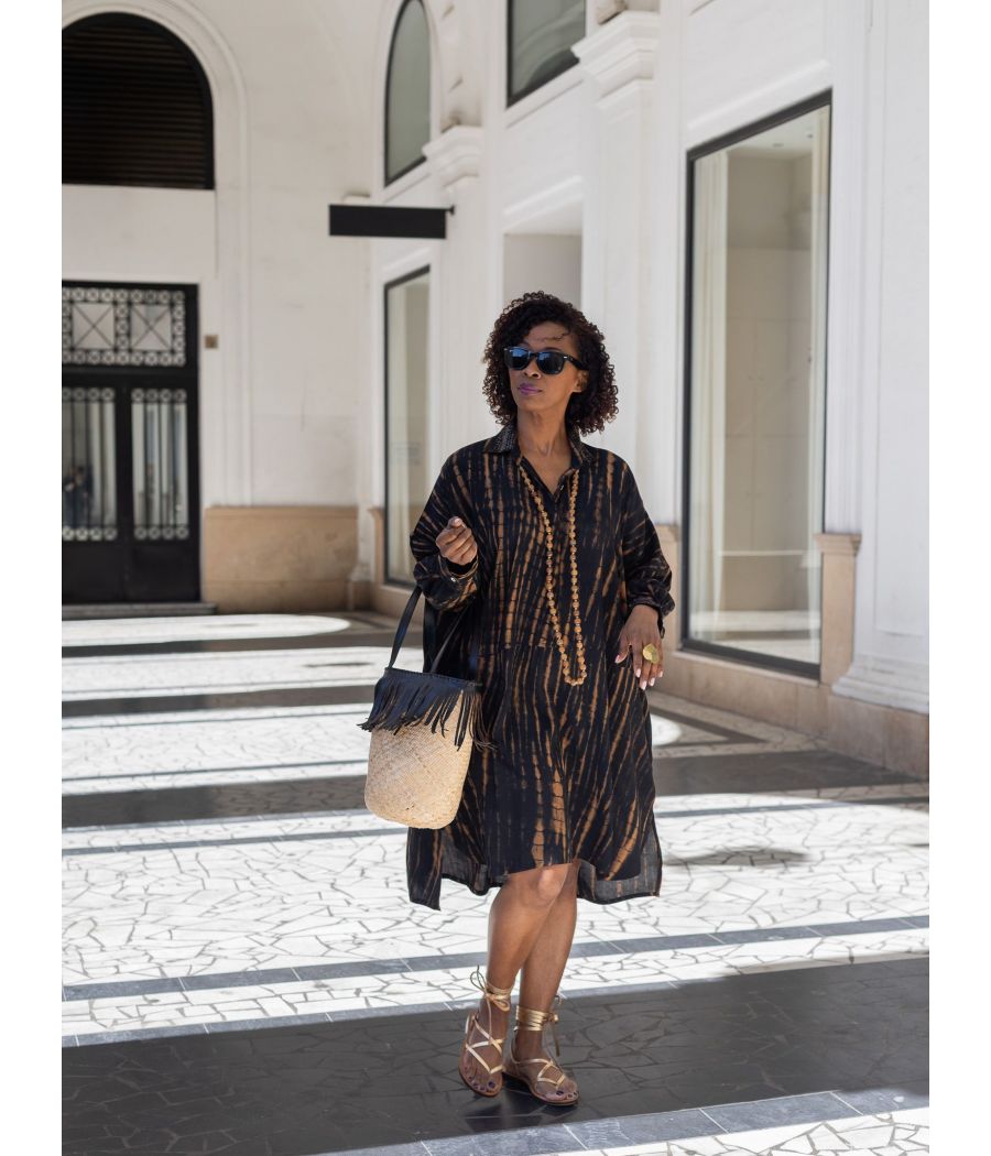 Black Tie-Dye Shirt Dress with Beaded Collar | Elegant Boho Chic Dress