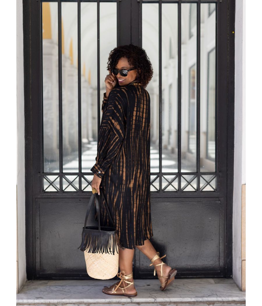 Black Tie-Dye Shirt Dress with Beaded Collar | Elegant Boho Chic Dress