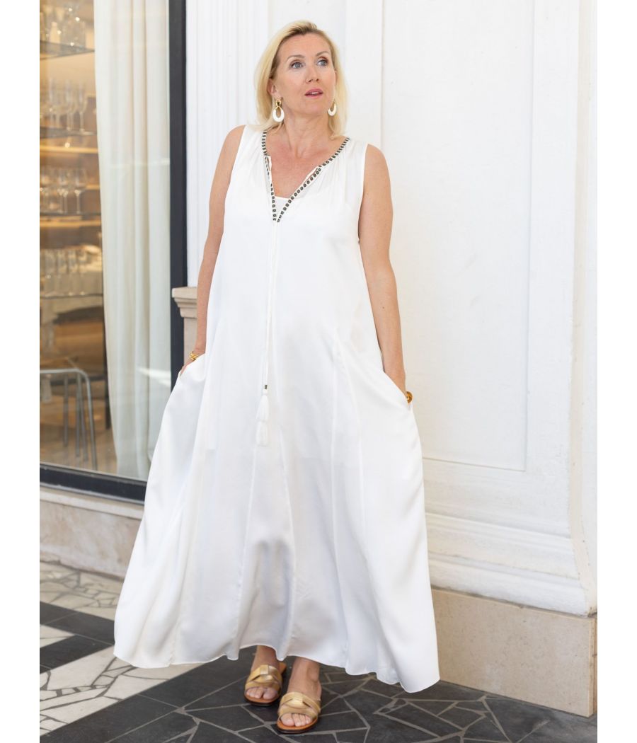 Silk Maxi Dress with Handmade Beading | AS'FALL Luxury Resort Dress