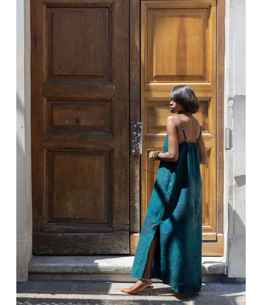 Angeline Dress – Woven linen with Signature Gold Embroidery | AS'FALL