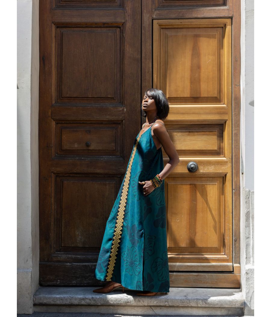 Angeline Dress – Woven linen with Signature Gold Embroidery | AS'FALL