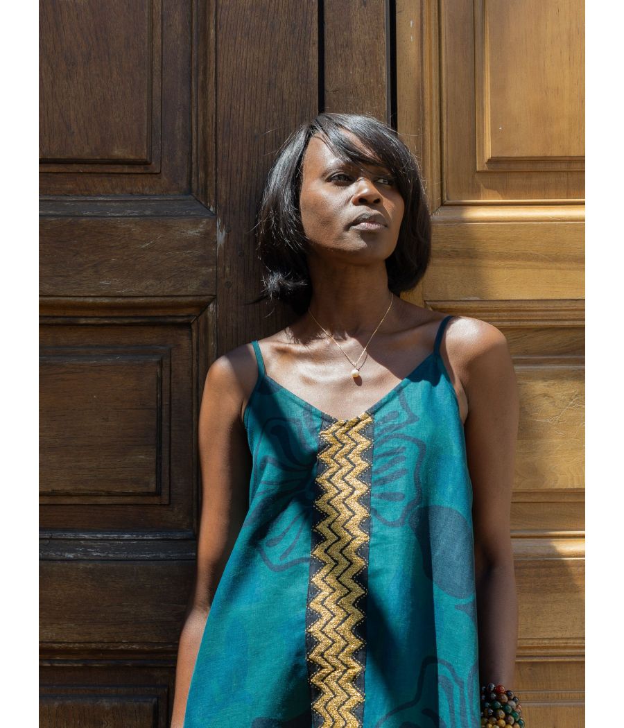 Angeline Dress – Woven linen with Signature Gold Embroidery | AS'FALL