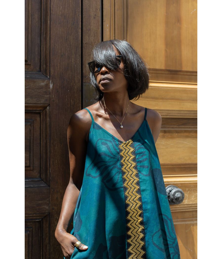 Angeline Dress – Woven linen with Signature Gold Embroidery | AS'FALL