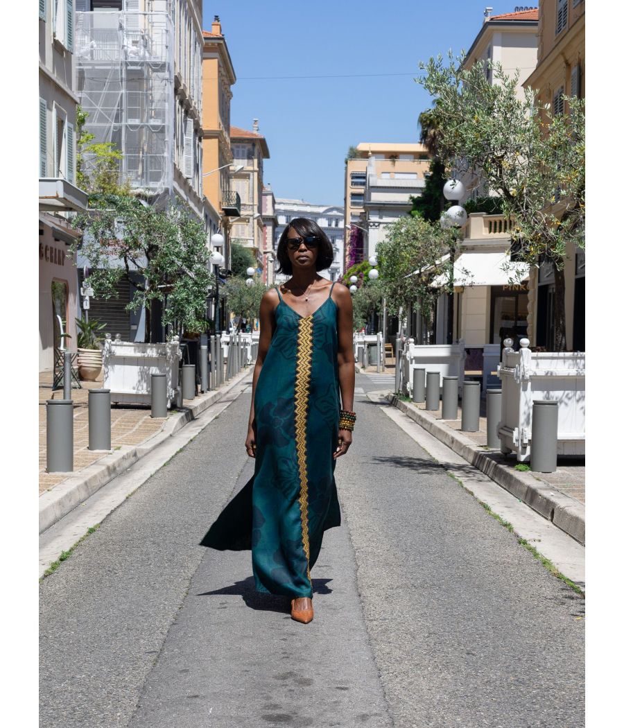Angeline Dress – Woven linen with Signature Gold Embroidery | AS'FALL