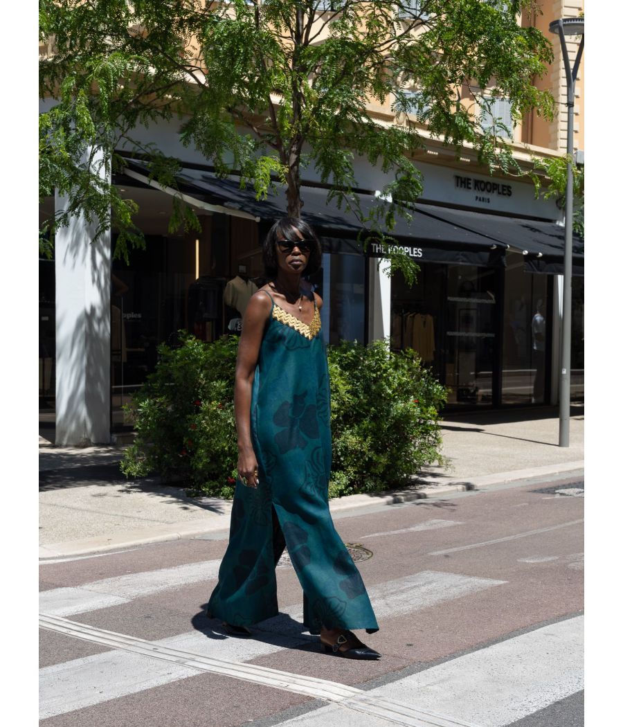 Angeline Dress – Woven linen with Signature Gold Embroidery | AS'FALL