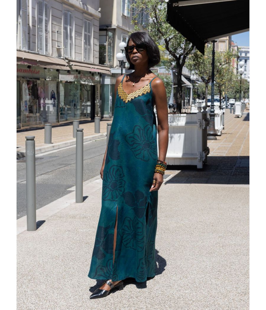 Angeline Dress – Woven linen with Signature Gold Embroidery | AS'FALL