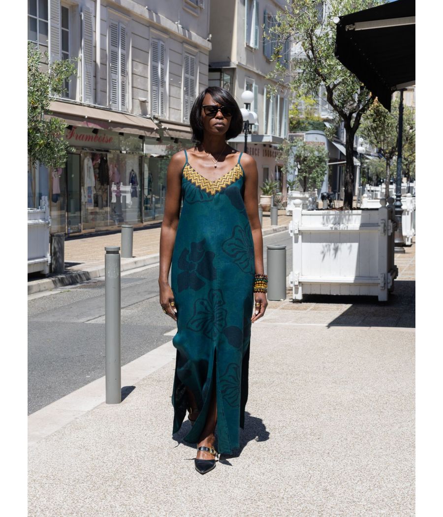 Angeline Dress – Woven linen with Signature Gold Embroidery | AS'FALL