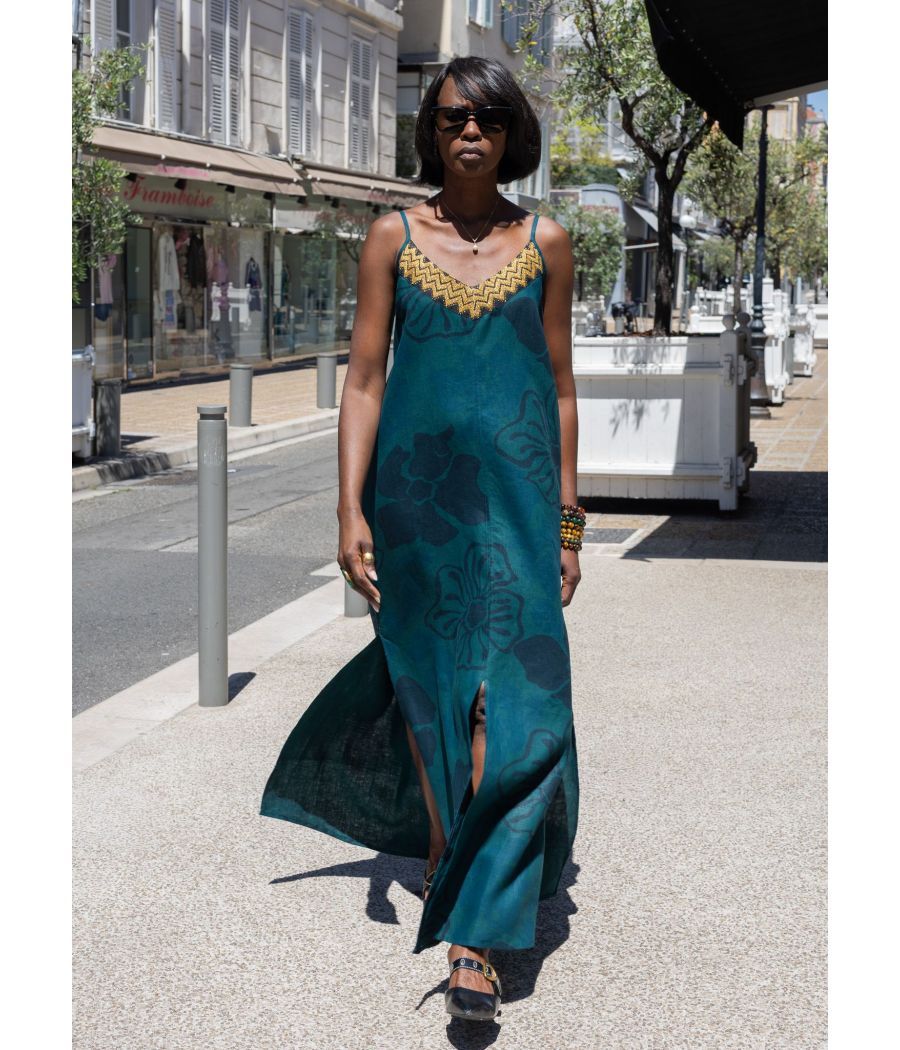Angeline Dress – Woven linen with Signature Gold Embroidery | AS'FALL
