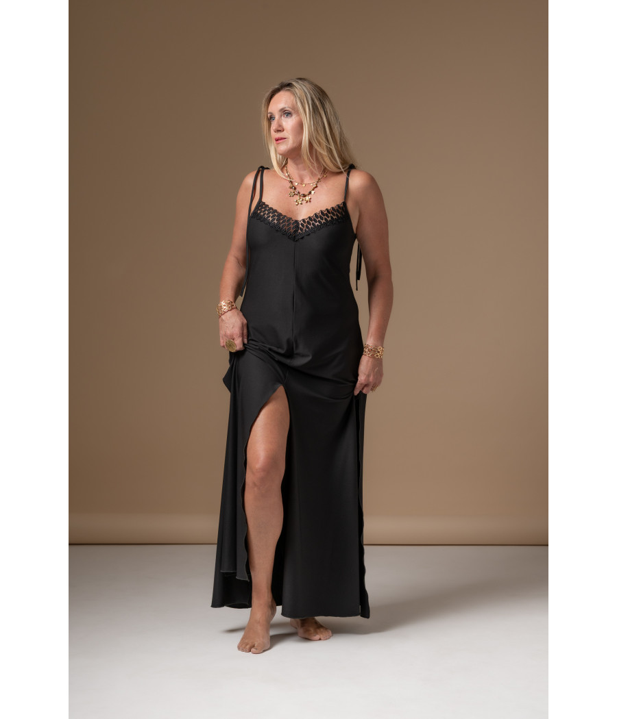 Black Viscose Maxi Dress with Cotton Lace|Elegant Eveningwear |AS'FALL