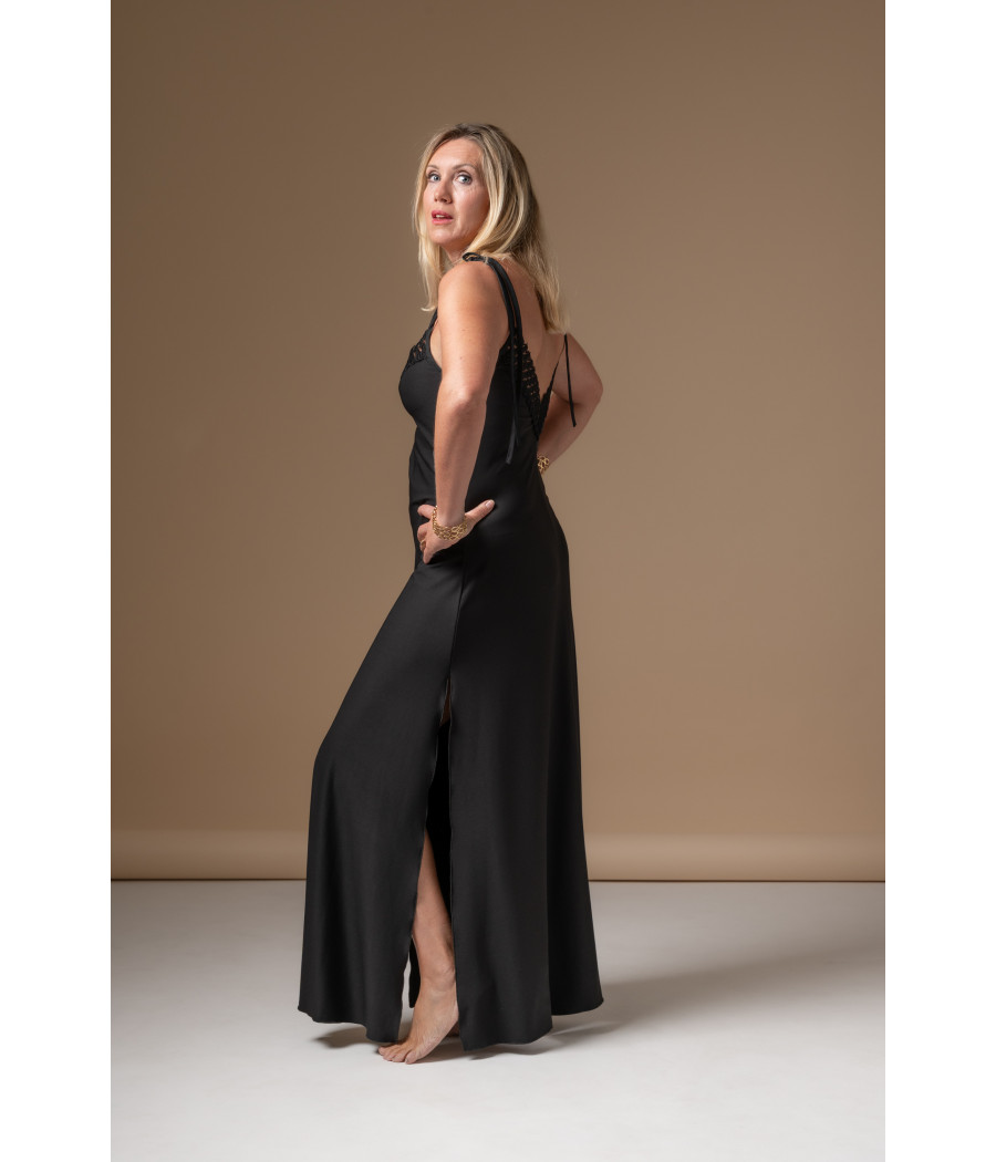 Black Viscose Maxi Dress with Cotton Lace|Elegant Eveningwear |AS'FALL Black Viscose Maxi Dress with Cotton Lace|Elegant Eveningwear |AS'FALL