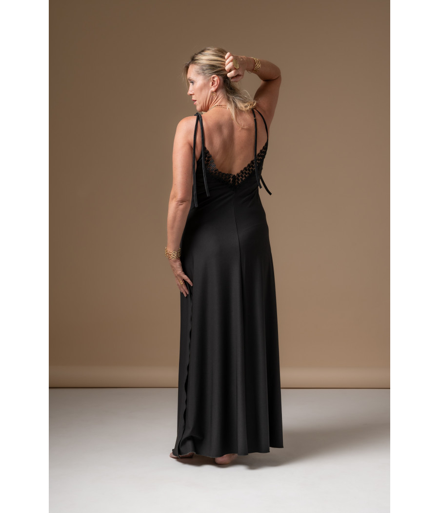 Black Viscose Maxi Dress with Cotton Lace|Elegant Eveningwear |AS'FALL Black Viscose Maxi Dress with Cotton Lace|Elegant Eveningwear |AS'FALL