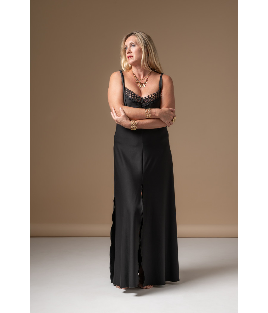 Black Viscose Maxi Dress with Cotton Lace|Elegant Eveningwear |AS'FALL Black Viscose Maxi Dress with Cotton Lace|Elegant Eveningwear |AS'FALL