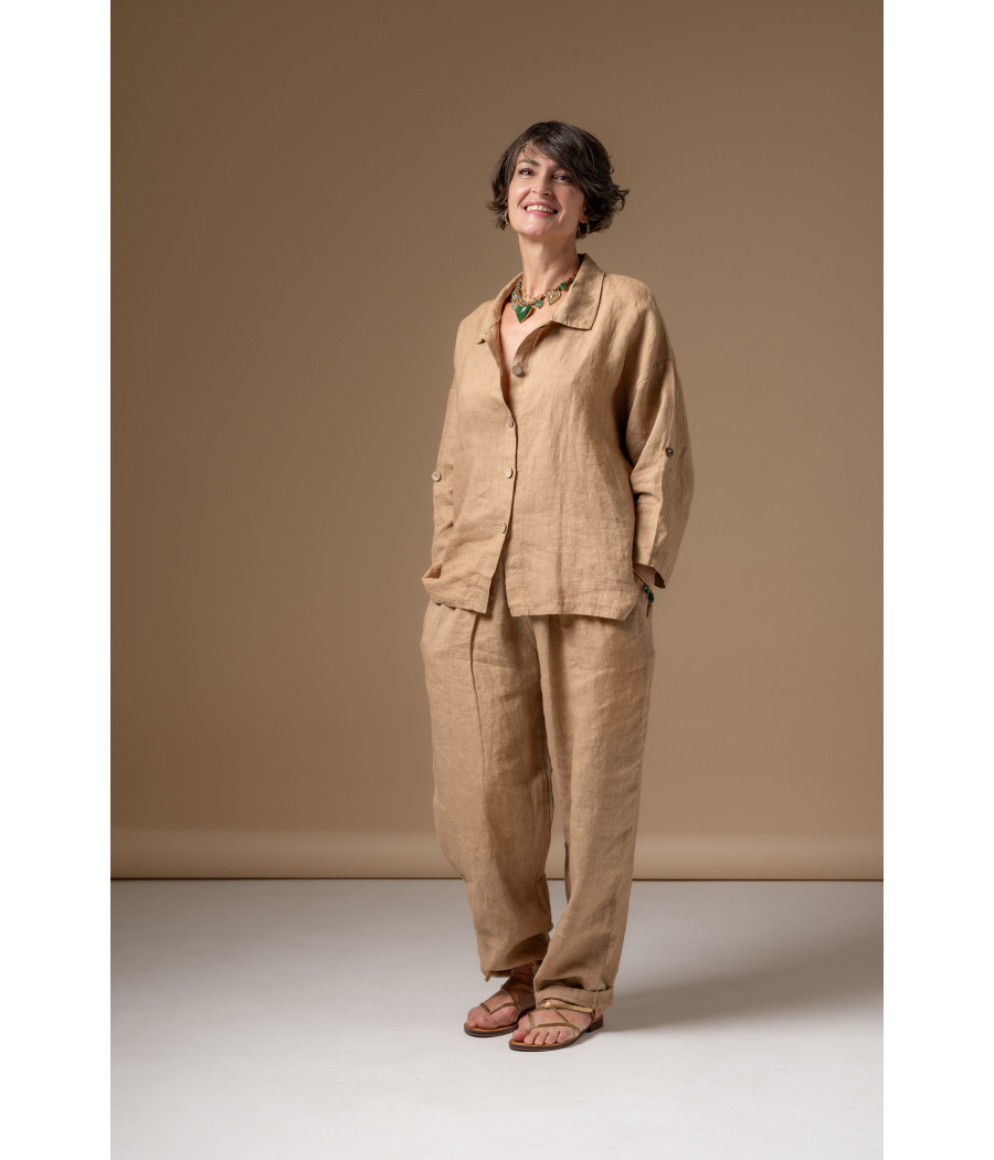 Coffee Linen Top with Buttoned Roll-Up Sleeves | AS'FALL