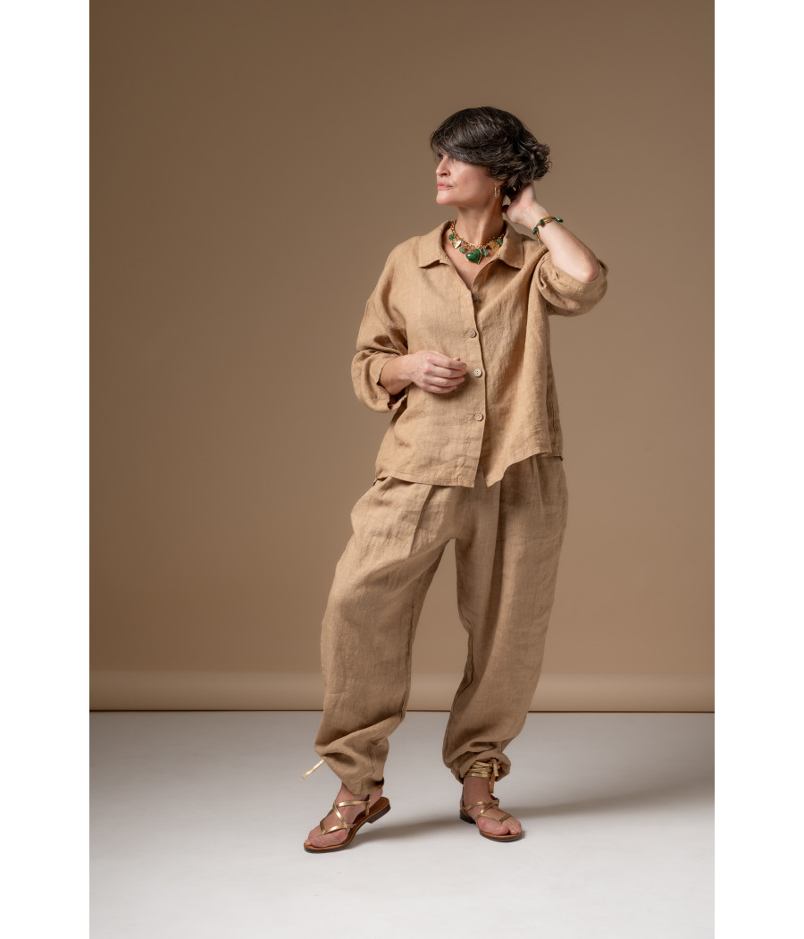 Coffee Linen Top with Buttoned Roll-Up Sleeves | AS'FALL