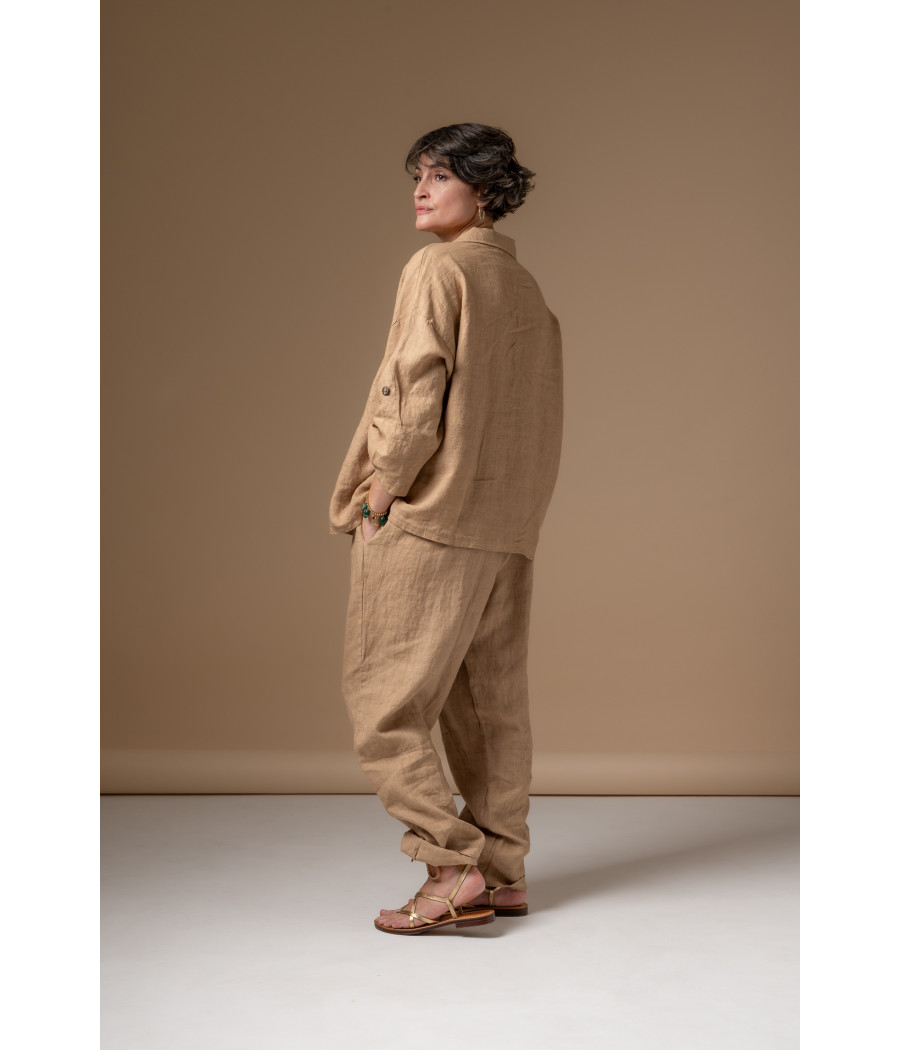 Coffee Linen Top with Buttoned Roll-Up Sleeves | AS'FALL