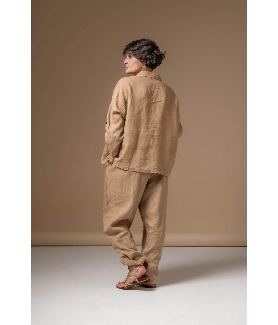 Coffee Linen Top with Buttoned Roll-Up Sleeves | AS'FALL