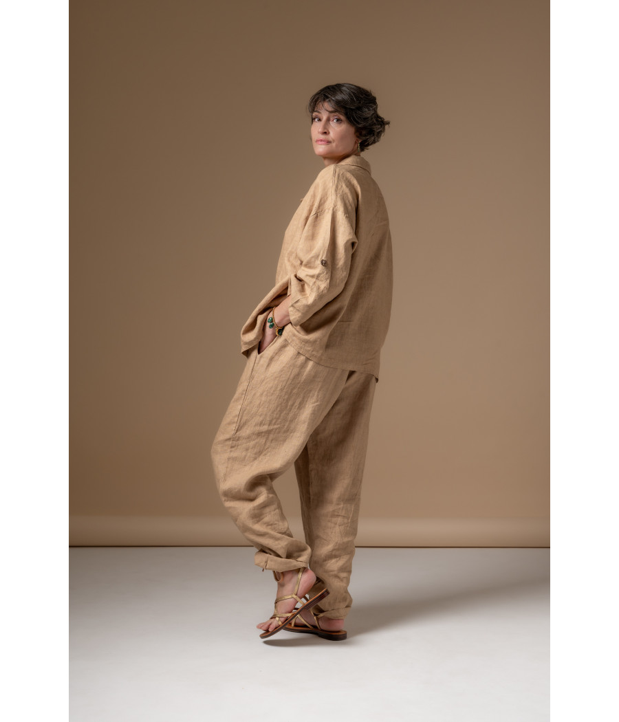 Coffee Linen Top with Buttoned Roll-Up Sleeves | AS'FALL