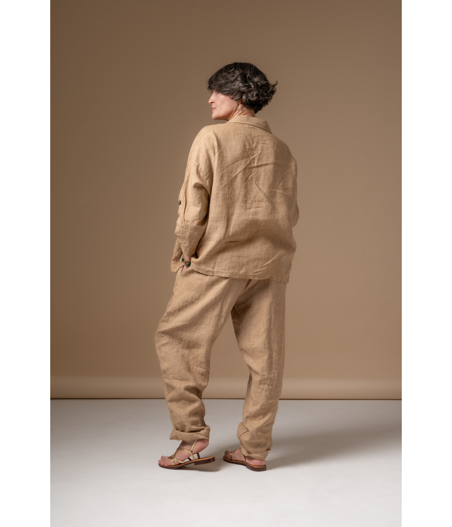 Coffee Linen Top with Buttoned Roll-Up Sleeves | AS'FALL