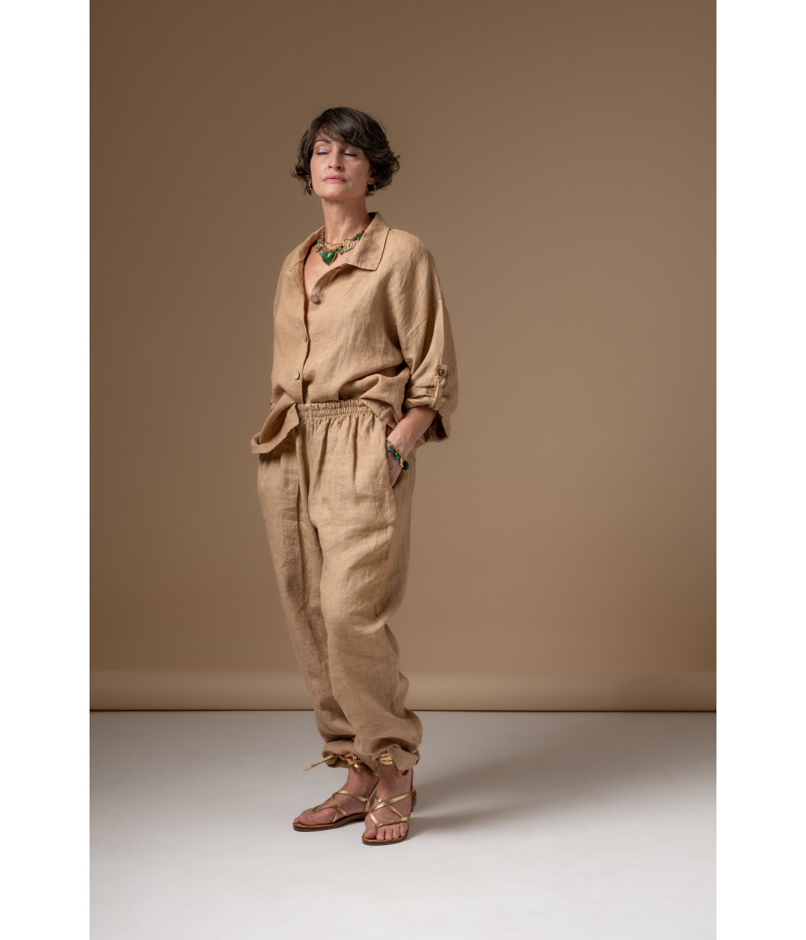 Coffee Linen Top with Buttoned Roll-Up Sleeves | AS'FALL