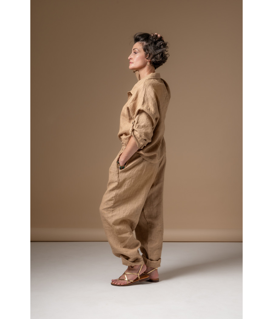 Coffee Linen Top with Buttoned Roll-Up Sleeves | AS'FALL