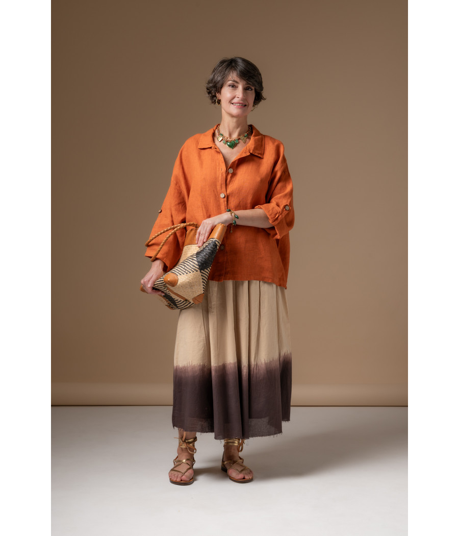 Two-Tone Skirt & Bright Orange Linen Shirt | AS'FALL
