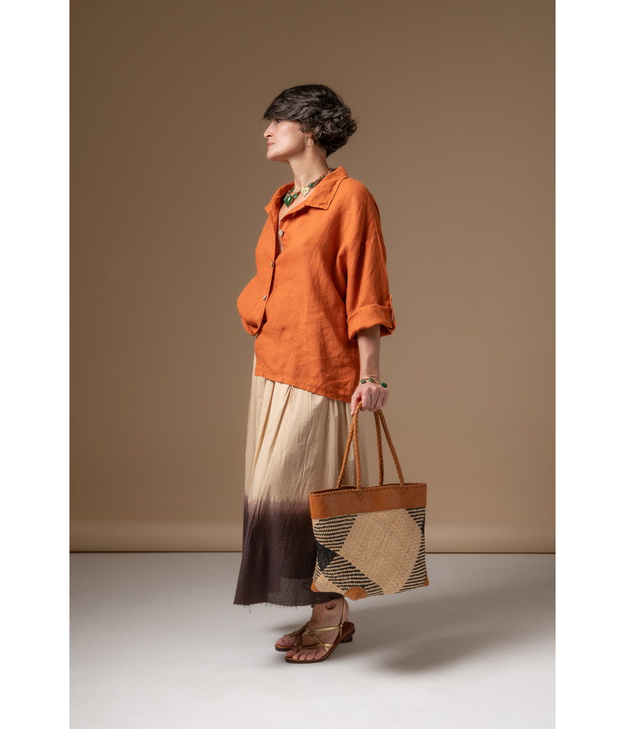Two-Tone Skirt & Bright Orange Linen Shirt | AS'FALL Two-Tone Skirt & Bright Orange Linen Shirt | AS'FALL