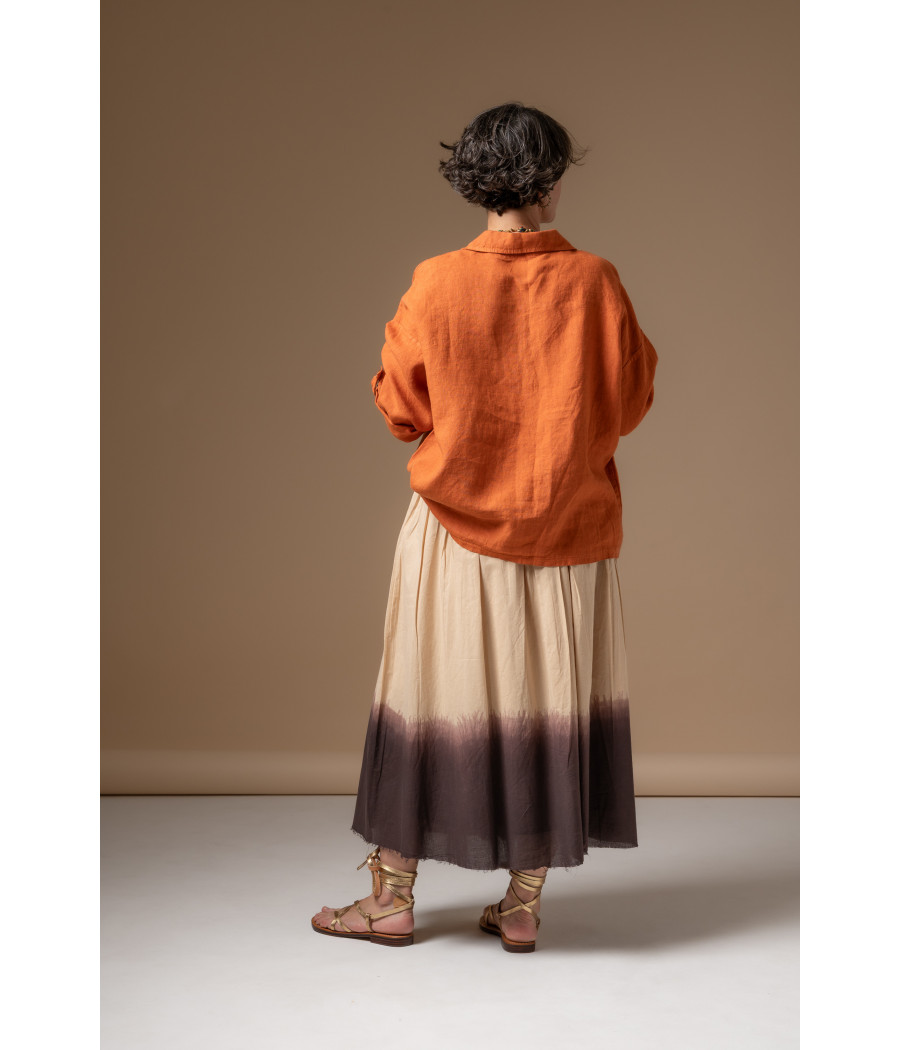 Two-Tone Skirt & Bright Orange Linen Shirt | AS'FALL