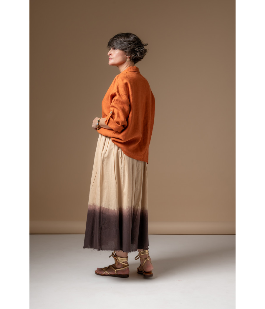 Two-Tone Skirt & Bright Orange Linen Shirt | AS'FALL