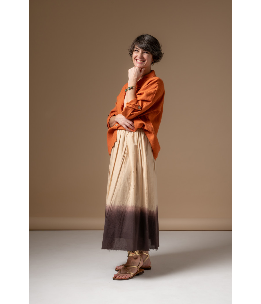 Two-Tone Skirt & Bright Orange Linen Shirt | AS'FALL Two-Tone Skirt & Bright Orange Linen Shirt | AS'FALL