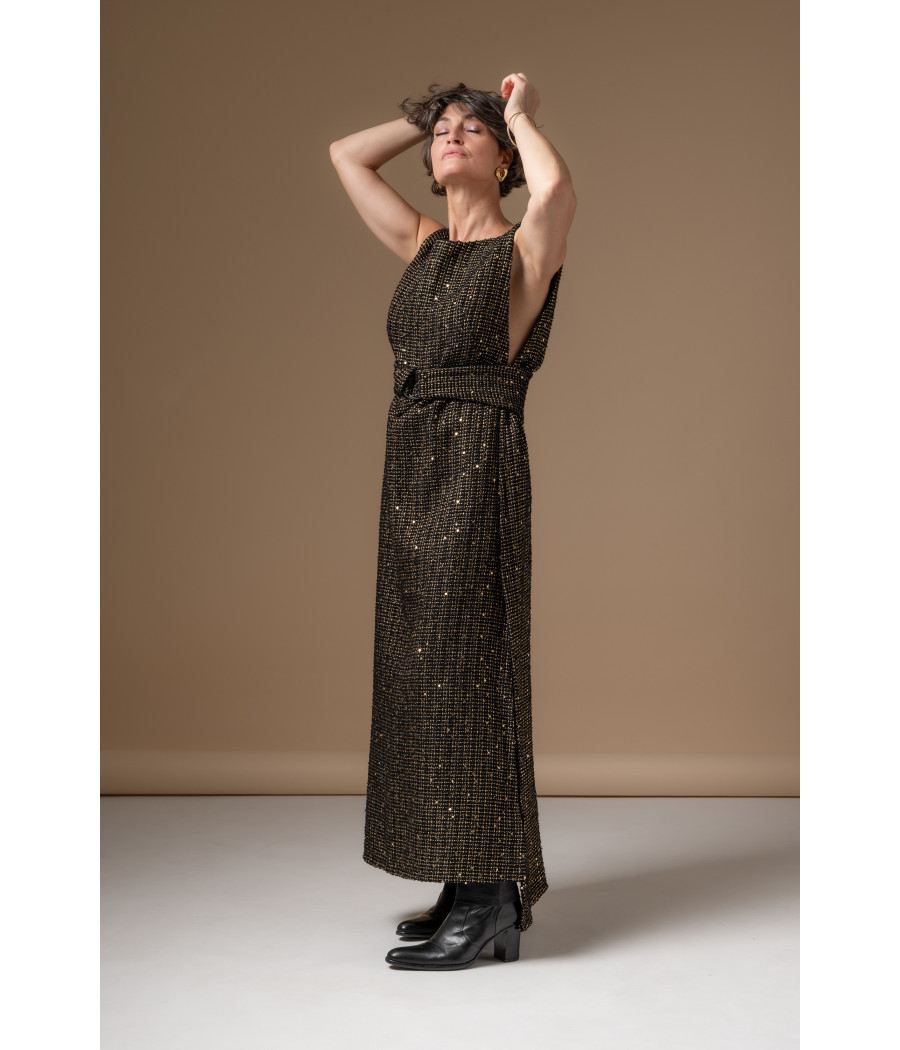 Chic sleeveless long tweed top with belt – AS'FALL