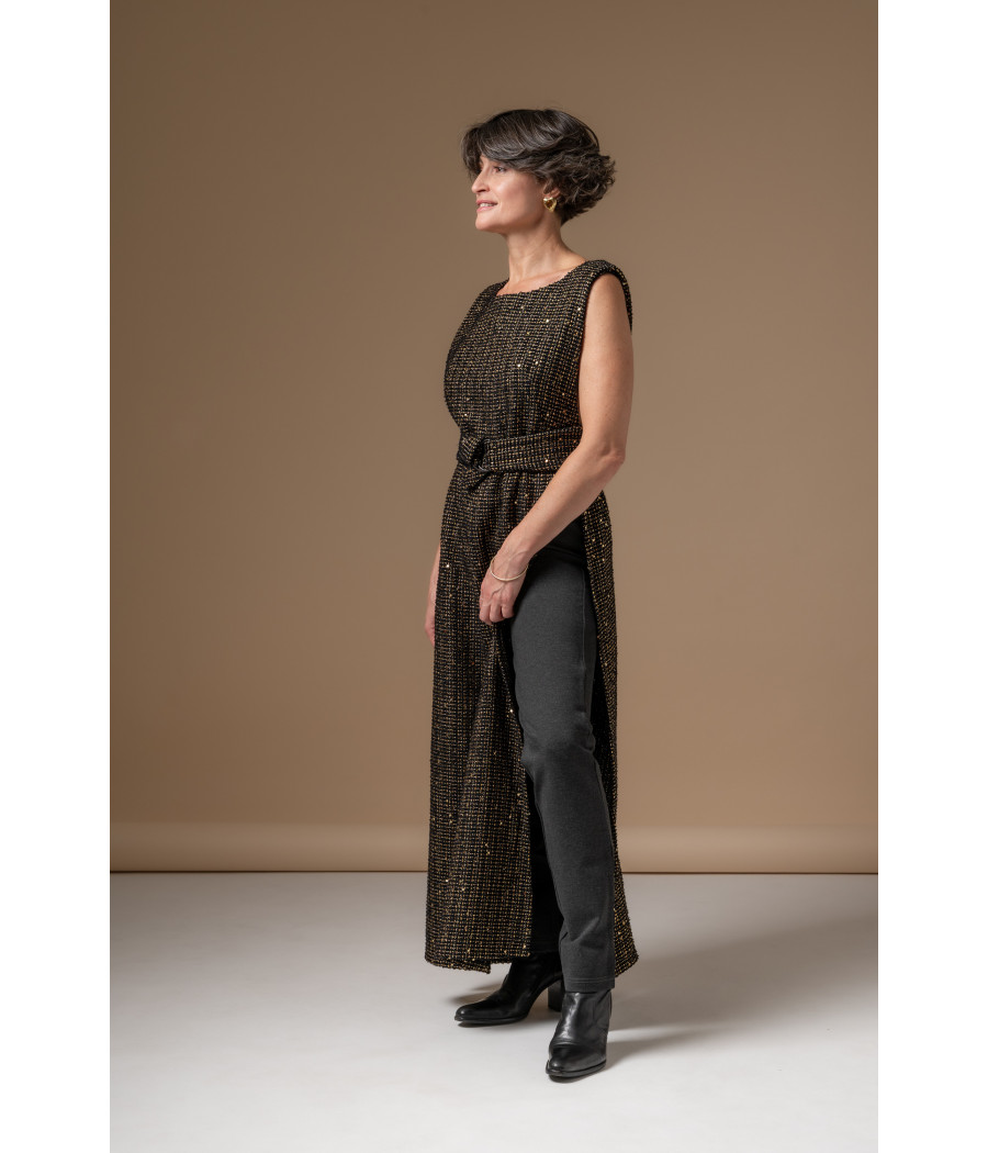 Chic sleeveless long tweed top with belt – AS'FALL