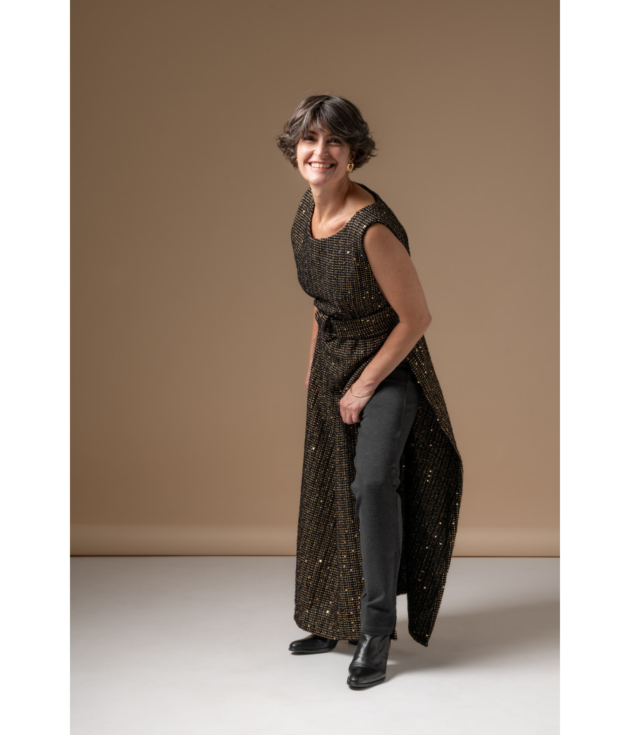 Chic sleeveless long tweed top with belt – AS'FALL